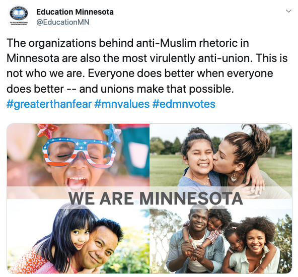 Screenshot of an Education Minnesota tweet pointing out that anti-Muslim rhetoric comes from anti-union organizations. Uses the MNValues hashtag.