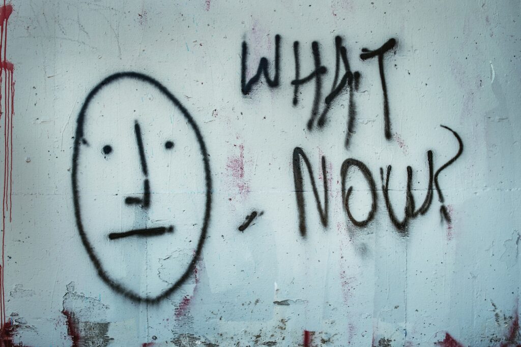 Photo of graffiti asking What Now?