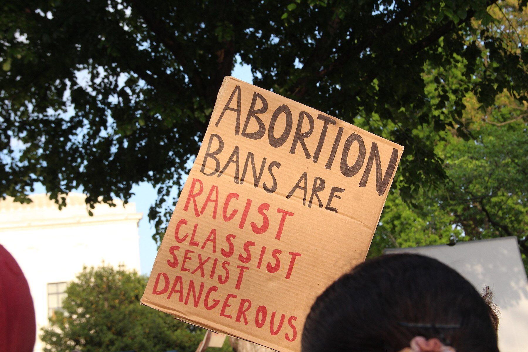 A sign held at demonstration in front of the US Supreme Court on May 3 2022. The sign says Abortion Bans are Racist Classist Sexist Dangerous. Photo by Janni Rye via Wikimedia Commons.