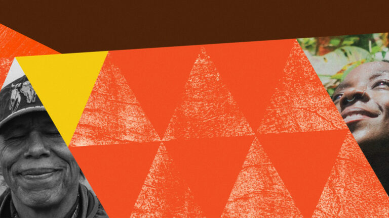 Diagonal collage composition with a dark brown band along the top. Large, textured orange triangles form the central field with a bright yellow triangular wedge interrupting them; at the left edge is a close-up black-and-white portrait of an older person smiling, and at the right edge a close-up in color of a younger person looking upward and smiling. Designed as the cover image for the BLIS Collective report "What Is Narrative and Solidarity Infrastructure—and Why Are We Building It?"